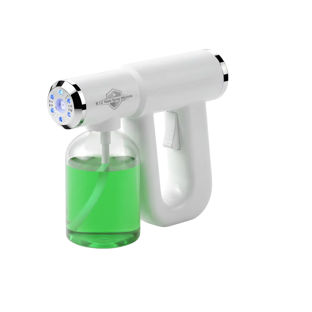 A handheld electric liquid dispenser with a white body, silver trim, and a clear bottle filled with bright green liquid, shown on a clean white background.